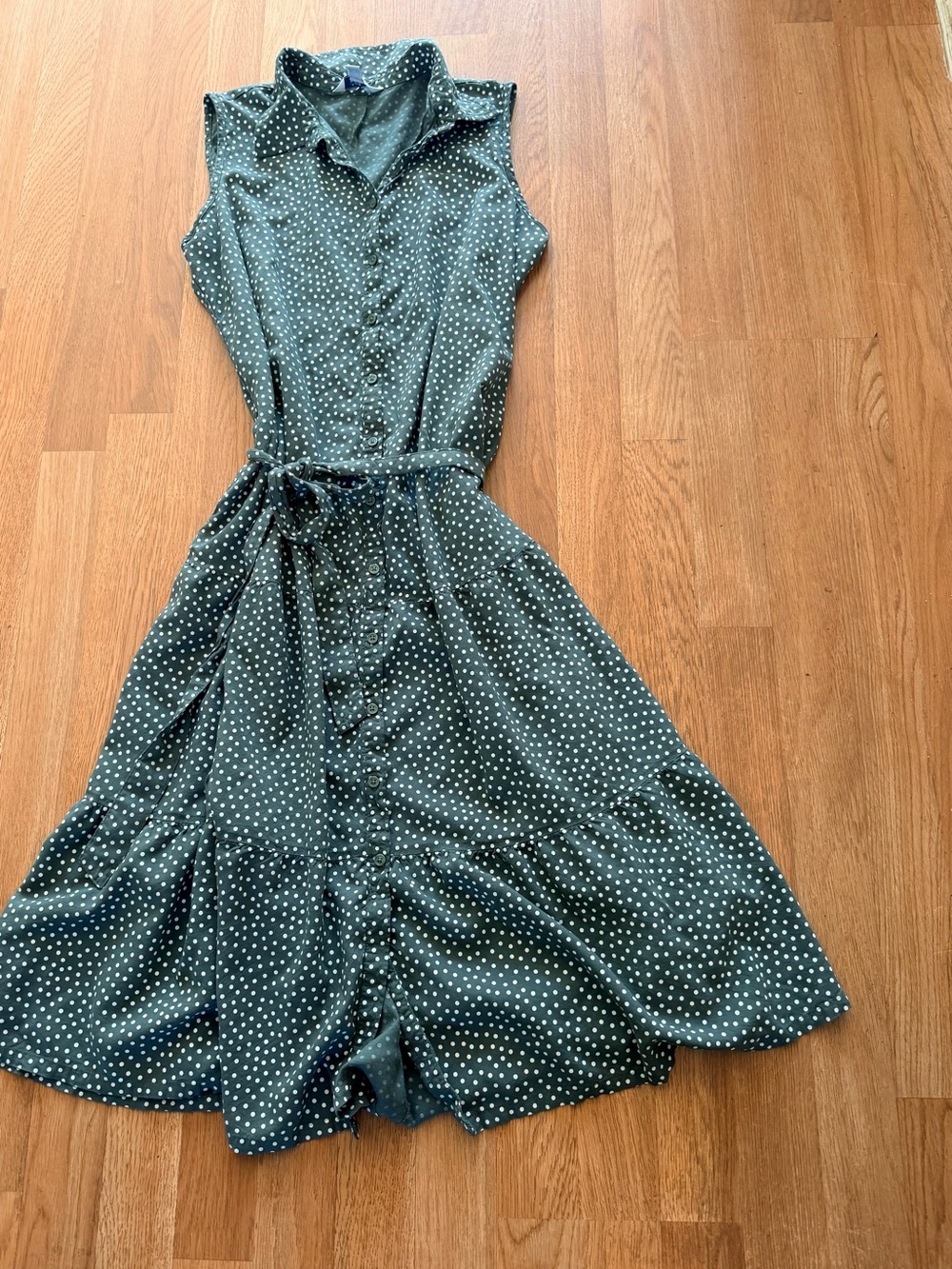 croft & barrow Sleeveless Dark Green Polka Dot Midi Shirt Dress